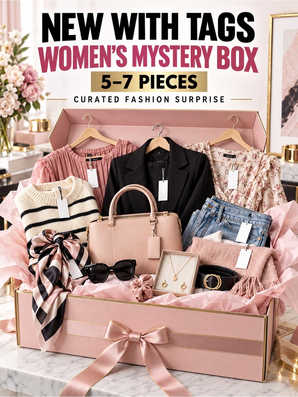 New With Tags Women’s 5–7 Piece Mystery Box – Curated Fashion Surprise Bundle